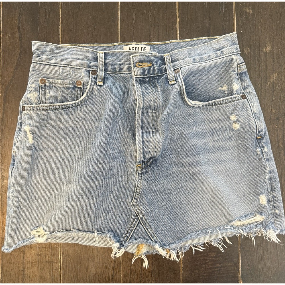 AGOLDE Distressed Denim Mini Skirt Size 28 Light Wash Raw Hem Button Fly